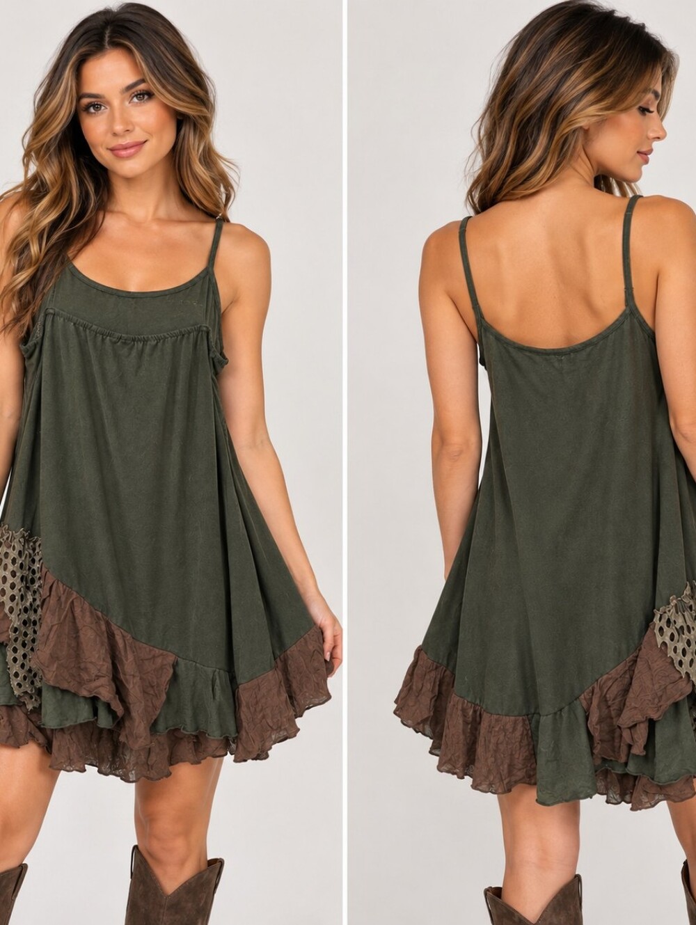 My Pretty Angel Dark Green Patchwork Ruffled Mini Dress